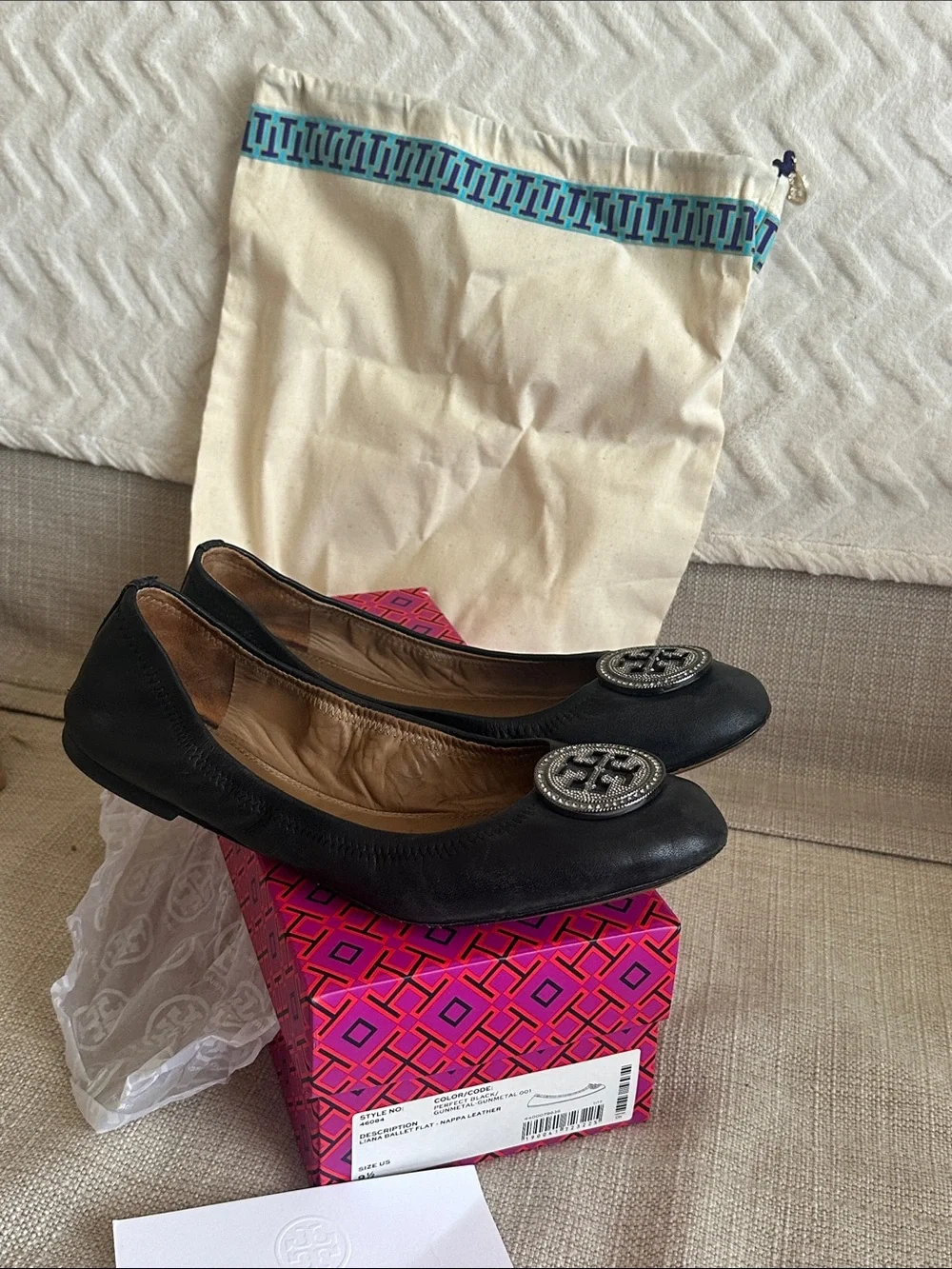 Tory Burch Black Leather Logo-Embellished Ballet Flats
